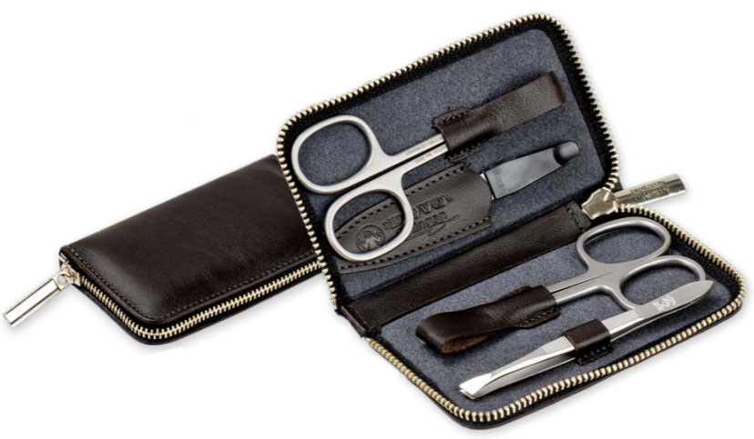 Dovo 2084056 4 Piece Stainless Steel Manicure Set Blue Brown Nappa Leather Case