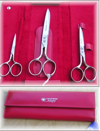 (Returned Defects Pictured) Dovo 547031 3 Scissors Set Deluxe with Red Leather Case